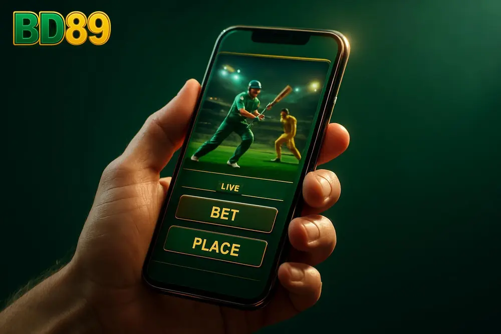BD89 app — a hand holding a phone with a live cricket betting app interface