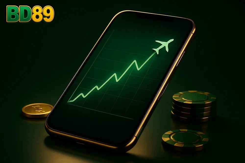 BD89 Aviator game โ a smartphone showing a crash-style multiplier game with rising graph BD89 Aviator game โ a smartphone showing a crash-style multiplier game with rising graph