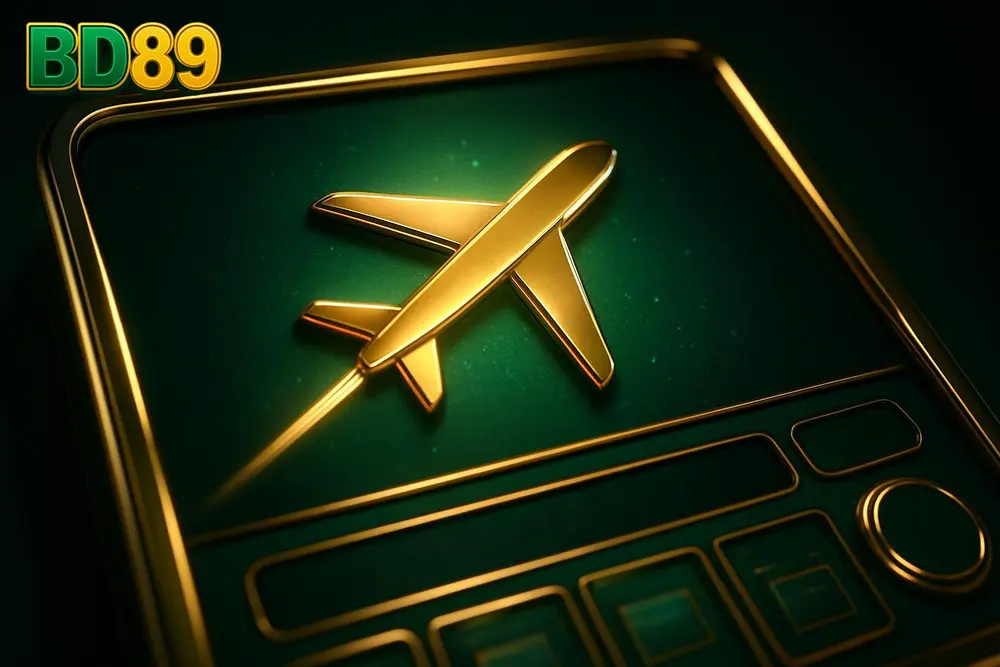 BD89 Aviator game โ a stylized airplane icon flying upward on a glowing casino game screen BD89 Aviator game โ a stylized airplane icon flying upward on a glowing casino game screen