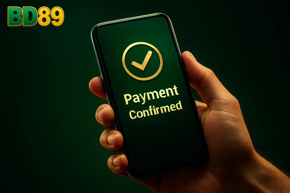 BD89 bKash deposit — a hand holding a phone showing a bKash-style payment confirmation screen BD89 bKash deposit — a hand holding a phone showing a bKash-style payment confirmation screen