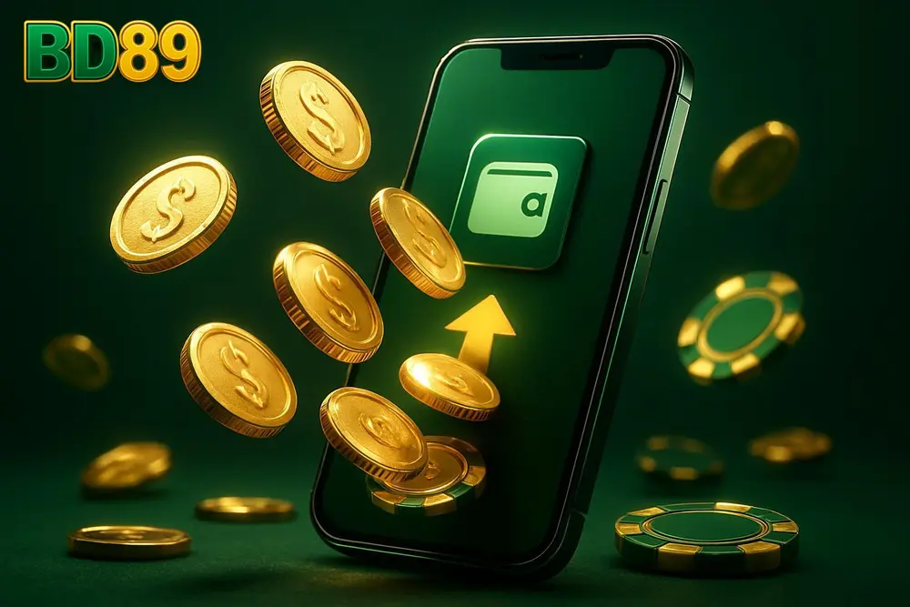 BD89 bKash deposit — a mobile wallet app paying out with falling gold coins and casino chips BD89 bKash deposit — a mobile wallet app paying out with falling gold coins and casino chips