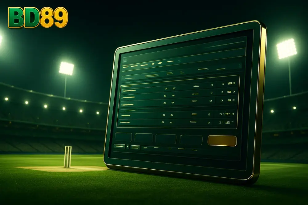 BD89 Bangladesh betting platform — a cricket stadium at night with glowing floodlights and a betting screen overlay