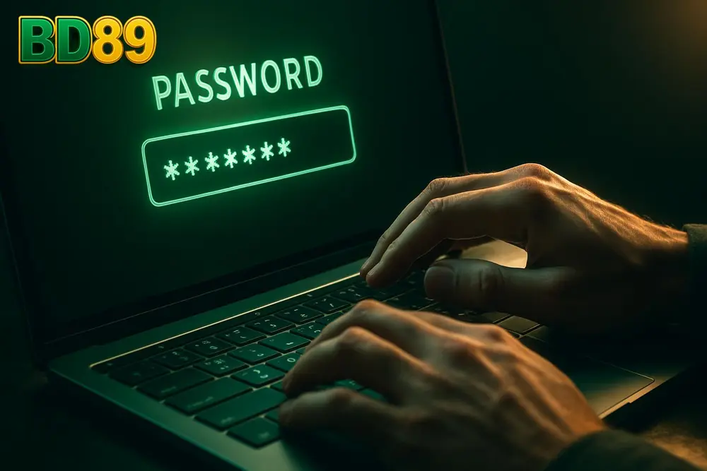 BD89 login — a person typing a password on a laptop with a soft green glow
