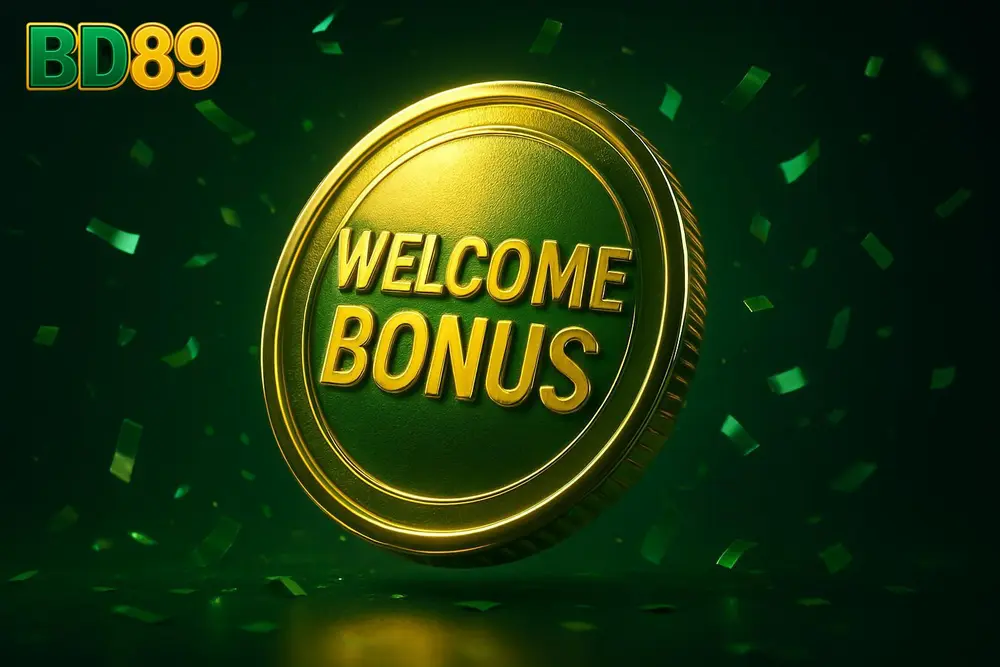 BD89 signup bonus — a giant glowing welcome-bonus coin burst with green confetti